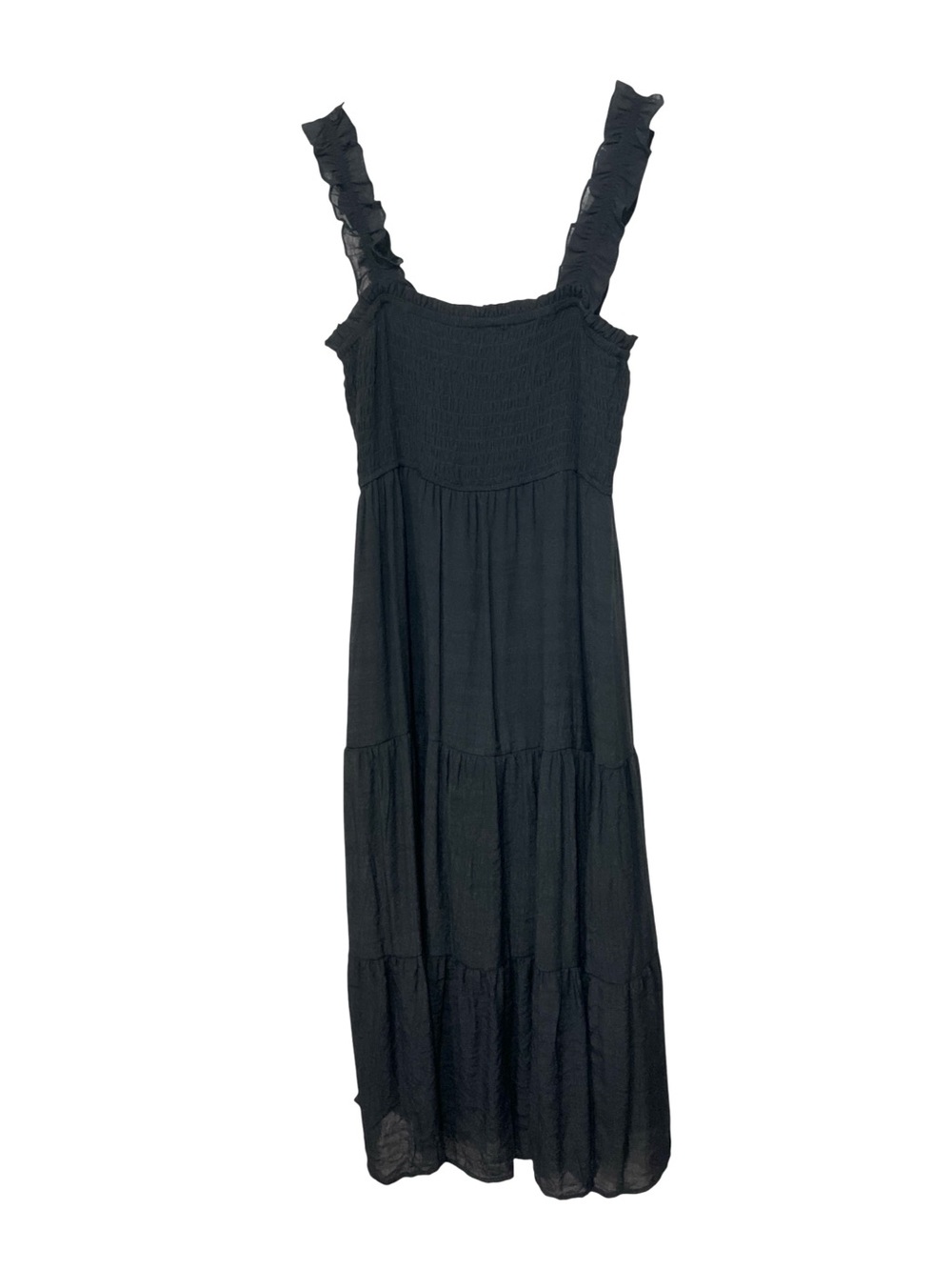 Liberty Love Black Tiered Maxi Dress Smocked Ruffle Strap, Size Large